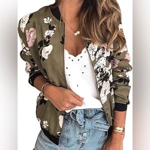 Olive Green Floral Bomber Jacket Zip-Up